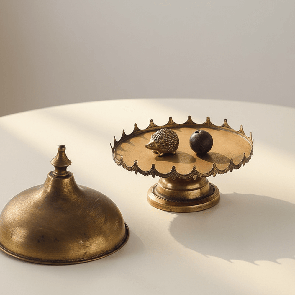 Brass decorative items including a small stand with a hedgehog and apple, and a dome-shaped object on a light background.