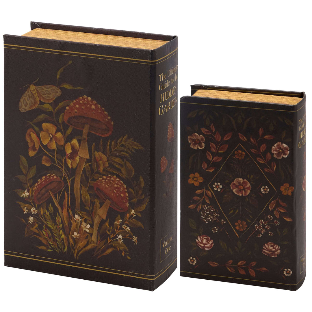 Decorative books with floral and mushroom designs on a white background