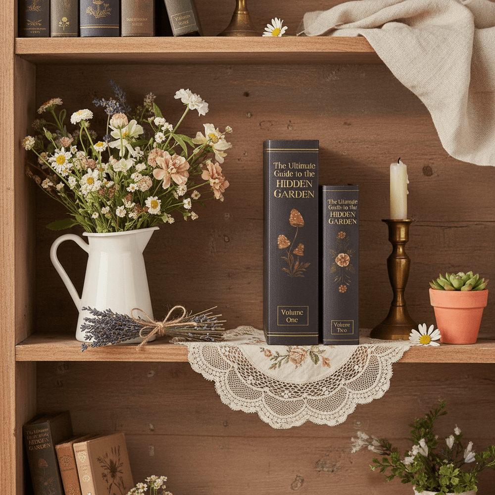 Wooden shelf with books, flowers, and decorative items on a wooden wall background