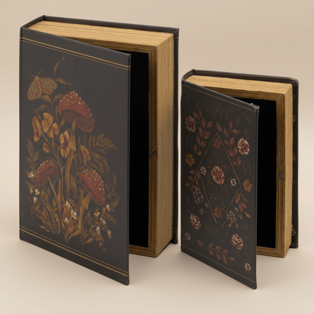 Two decorative book-shaped boxes with floral designs on a beige background