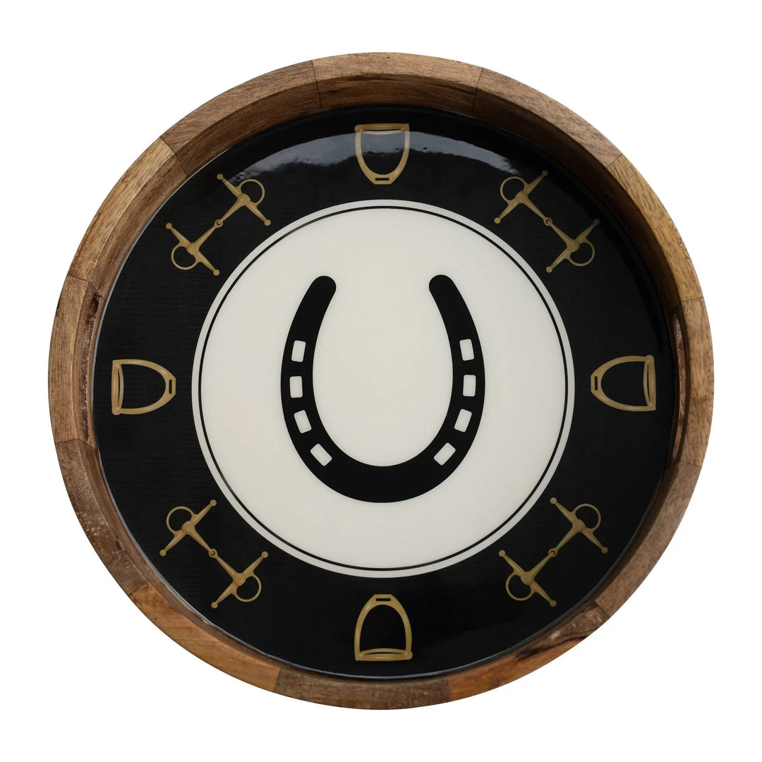 Horseshoe & Bit Round Wood Tray