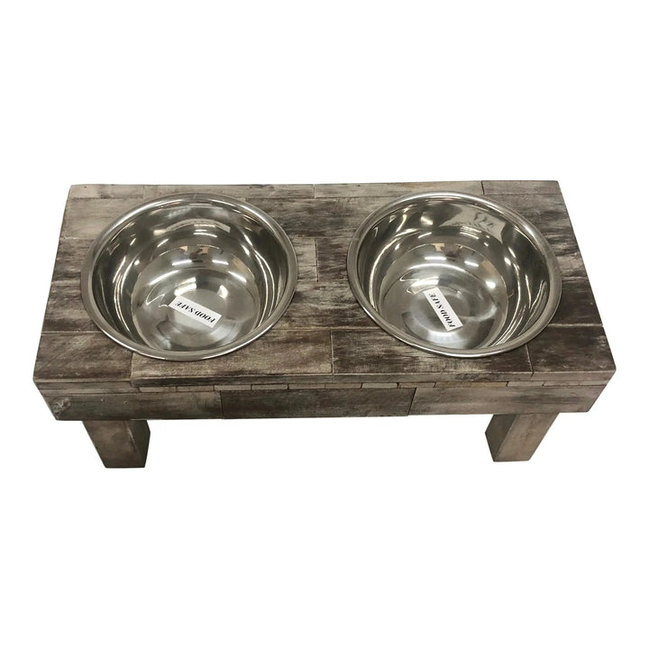 Brown-Wash Wood Double Bowl Pet Feeder