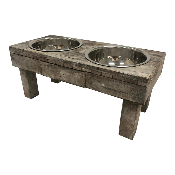 Brown-Wash Wood Double Bowl Pet Feeder