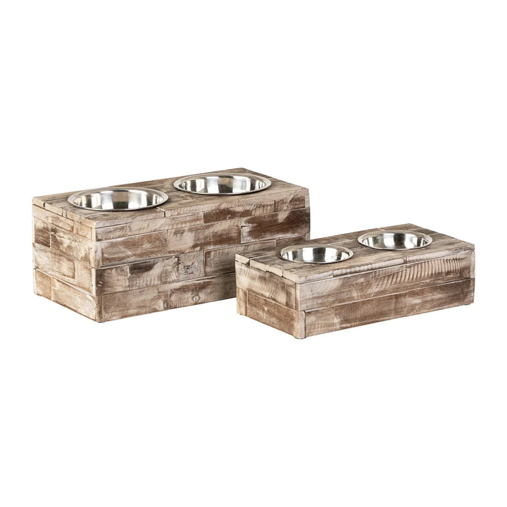 Reclaimed Wood Double Bowl Pet Feeder