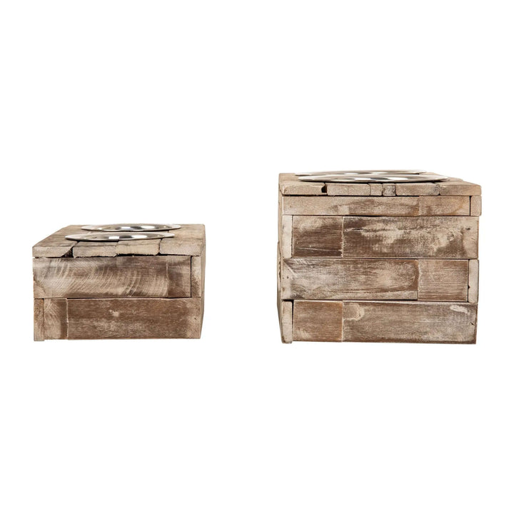 Reclaimed Wood Double Bowl Pet Feeder