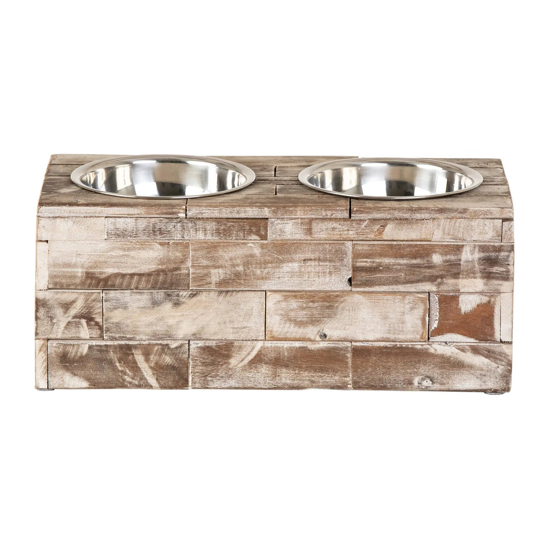 Reclaimed Wood Double Bowl Pet Feeder