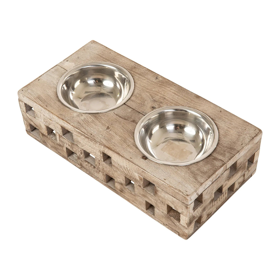 Reclaimed Wood Double Bowl Pet Feeder