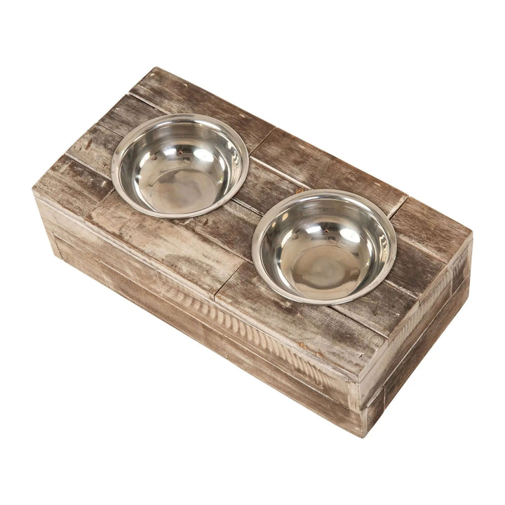 Reclaimed Wood Double Bowl Pet Feeder