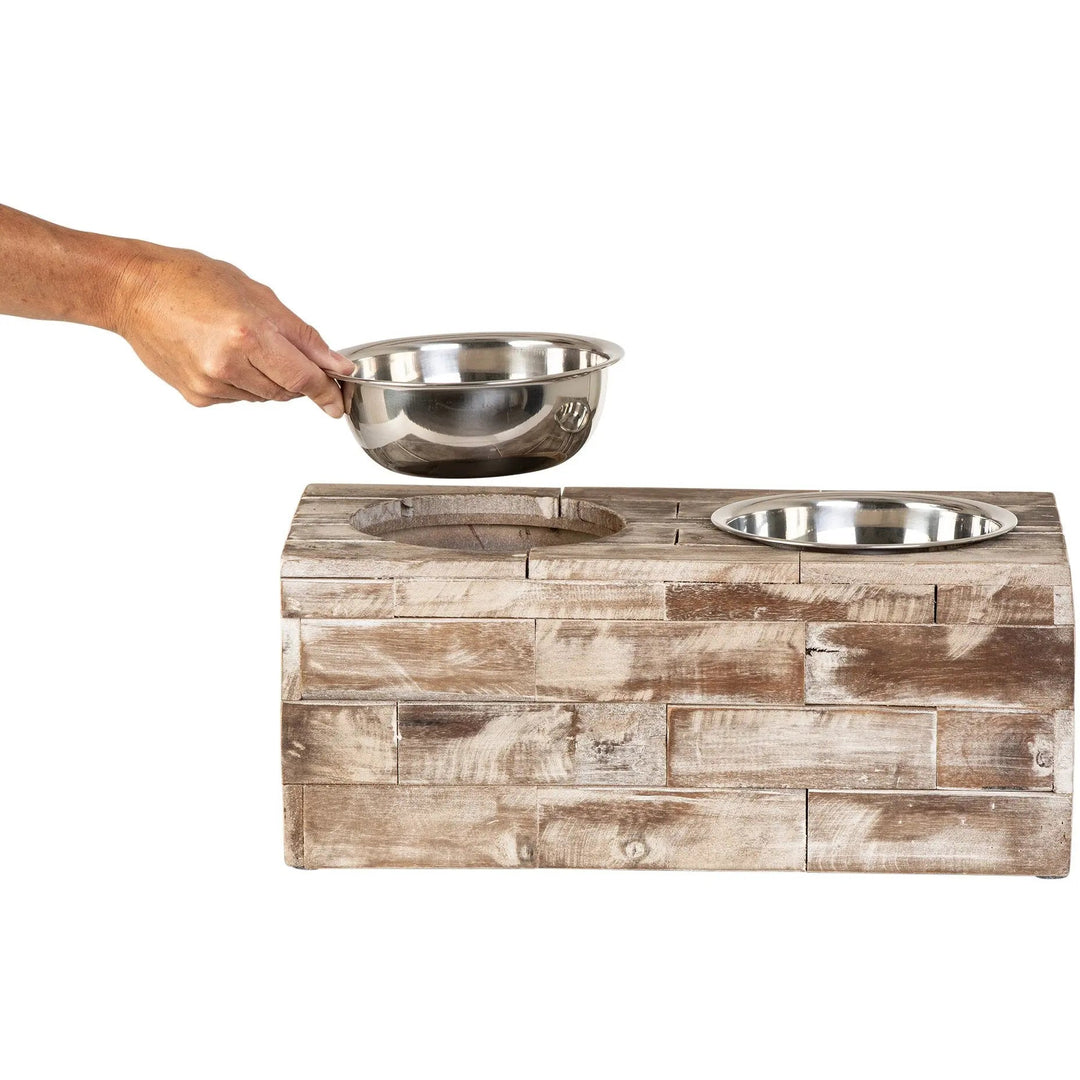 Reclaimed Wood Double Bowl Pet Feeder