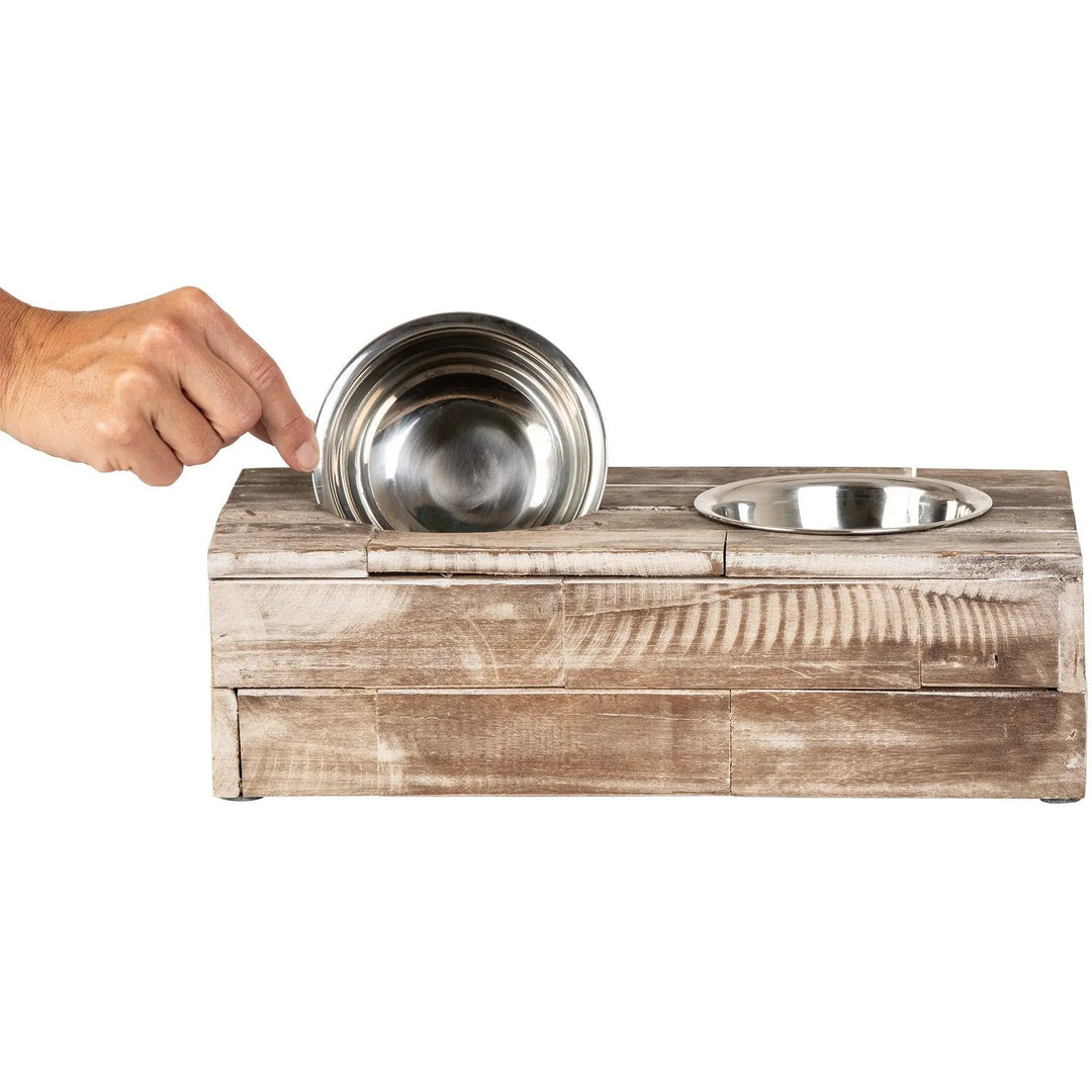 Reclaimed Wood Double Bowl Pet Feeder