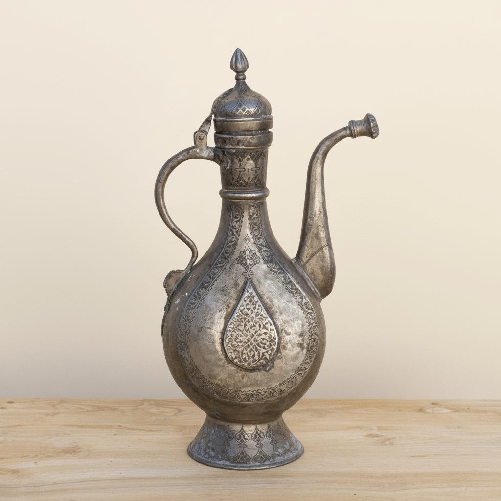 Decorative silver pitcher with intricate designs on a wooden surface and beige background