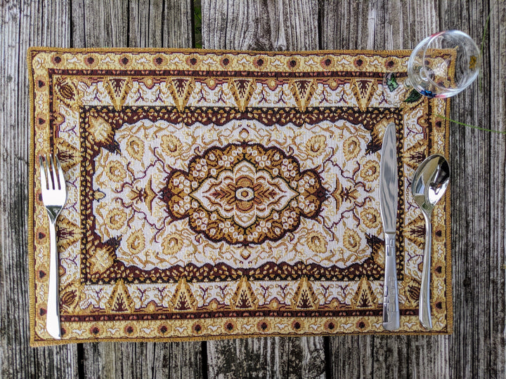 DaDa Bedding Set of 4-6 Pieces Royal Persian Style Rug Golden Brown Floral Tapestry Placemats 13” x 19” (18119)