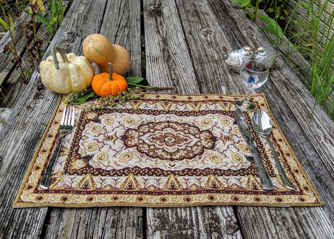 DaDa Bedding Set of 4-6 Pieces Royal Persian Style Rug Golden Brown Floral Tapestry Placemats 13” x 19” (18119)