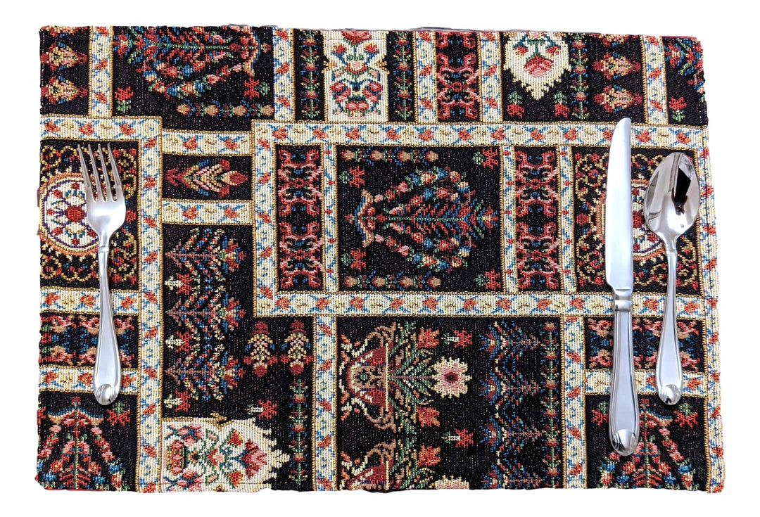 DaDalogy Bedding Set of 4-Pieces Dark Noir Mughal Floral Botanical Vintage Fleur Tapestry Placemats 13” x 19” (18197)