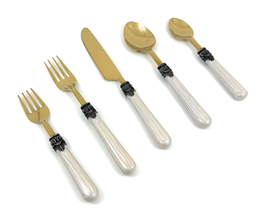 Antique Gold Flatware with White Handles (Set of 20)