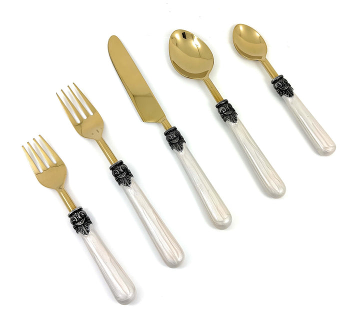 Antique Gold Flatware with White Handles (Set of 20)