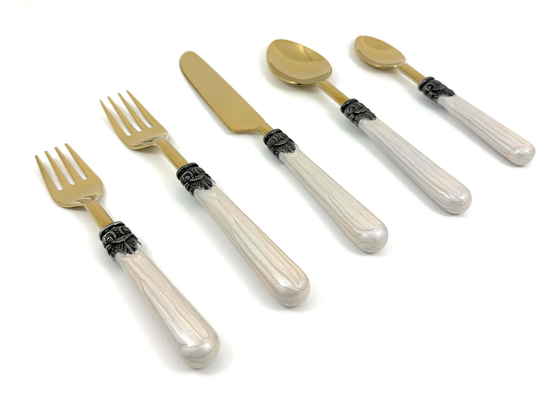 Antique Gold Flatware with White Handles (Set of 20)