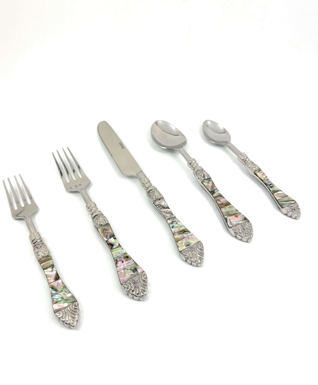 Vintage Coastal Flatware Set with Abalone Inlay Handles (Set of 20)