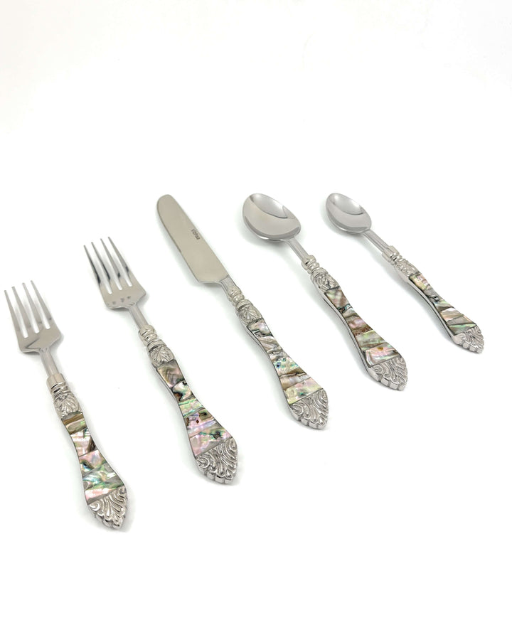 Vintage Coastal Flatware Set with Abalone Inlay Handles (Set of 20)