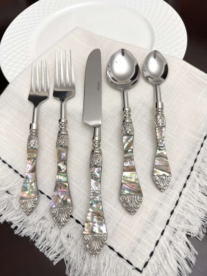 Vintage Coastal Flatware Set with Abalone Inlay Handles (Set of 20)