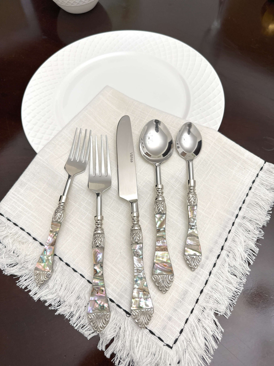 Vintage Coastal Flatware Set with Abalone Inlay Handles (Set of 20)
