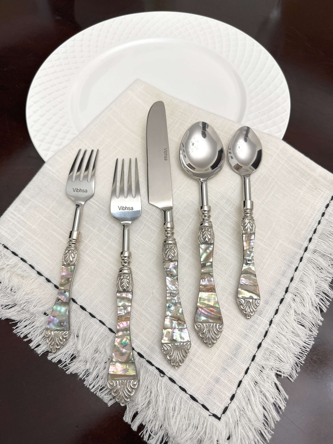 Vintage Coastal Flatware Set with Abalone Inlay Handles (Set of 20)