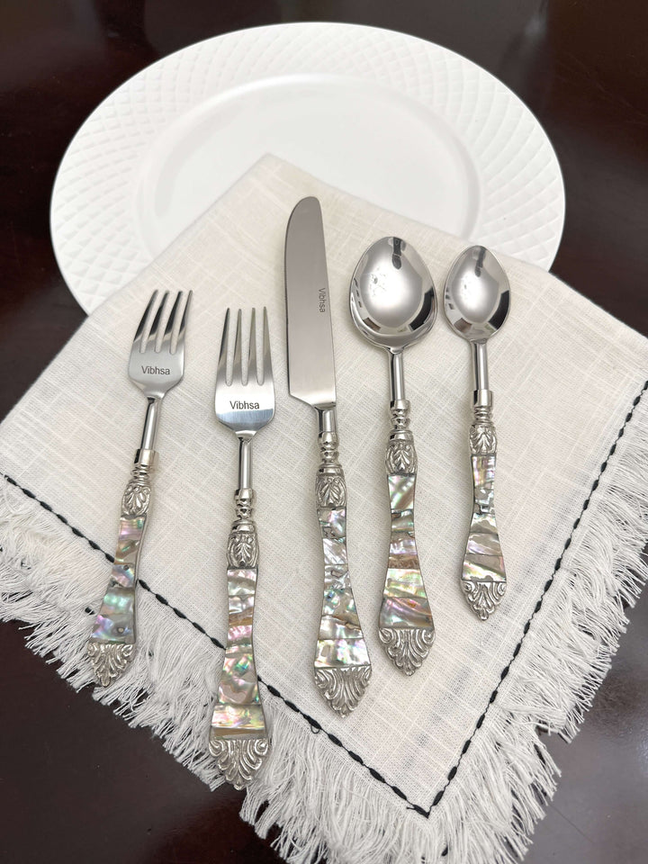Vintage Coastal Flatware Set with Abalone Inlay Handles (Set of 20)