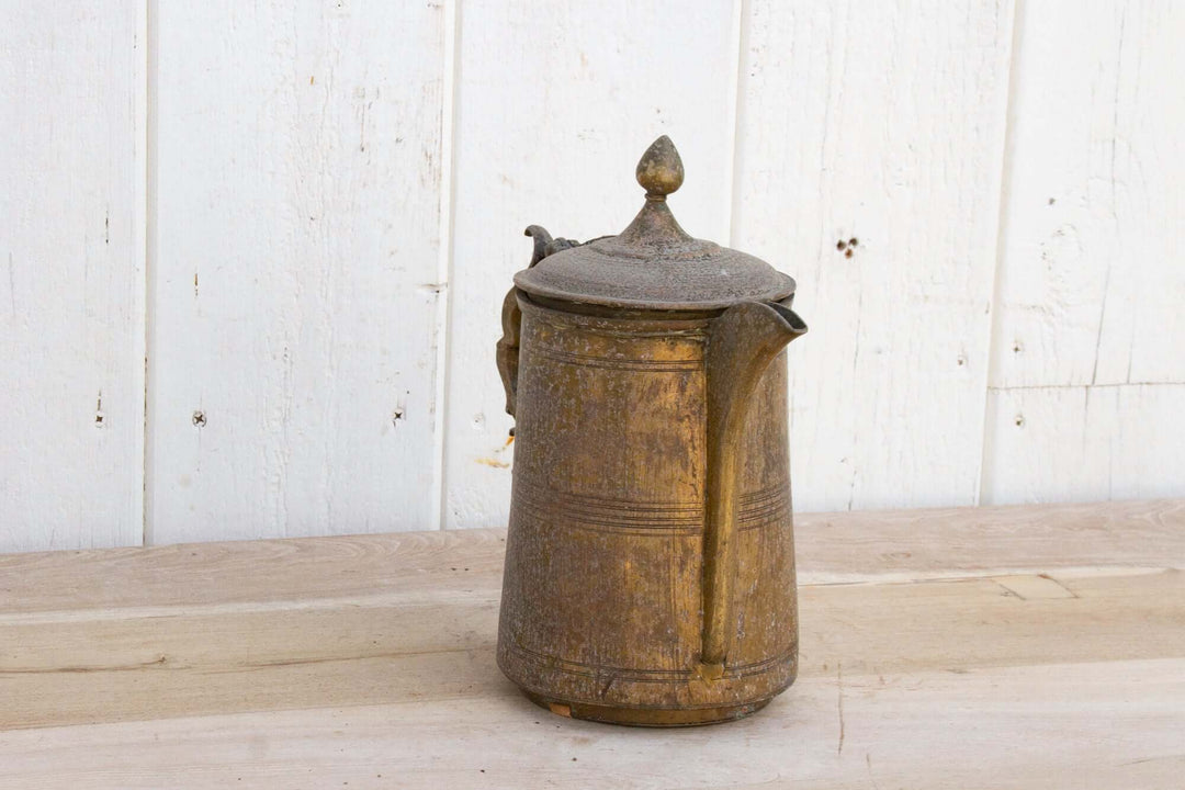 Antique English Brass Kettle with Ornate Handle