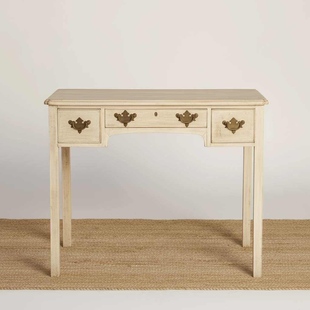 Wooden table with three drawers on a plain background
