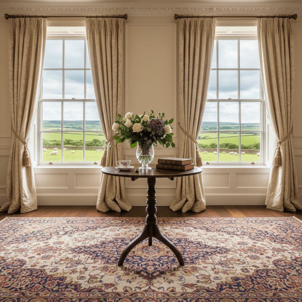Room with large windows, floral arrangement on a table, and patterned rug. Yorkshire dales visible through the windows.