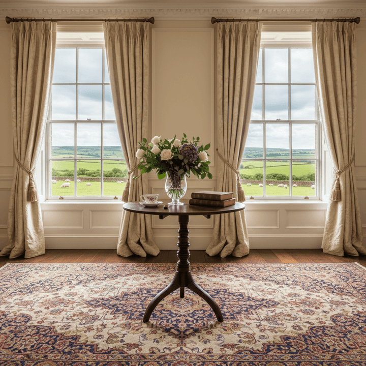 Room with large windows, floral arrangement on a table, and patterned rug. Yorkshire dales visible through the windows.