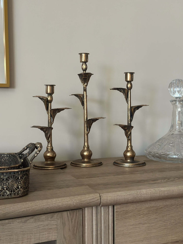 Antique Brass Leaf Candle Holders Set on wooden shelf, vintage décor, elegant leaf shapes, golden-bronze patina, warm ambience