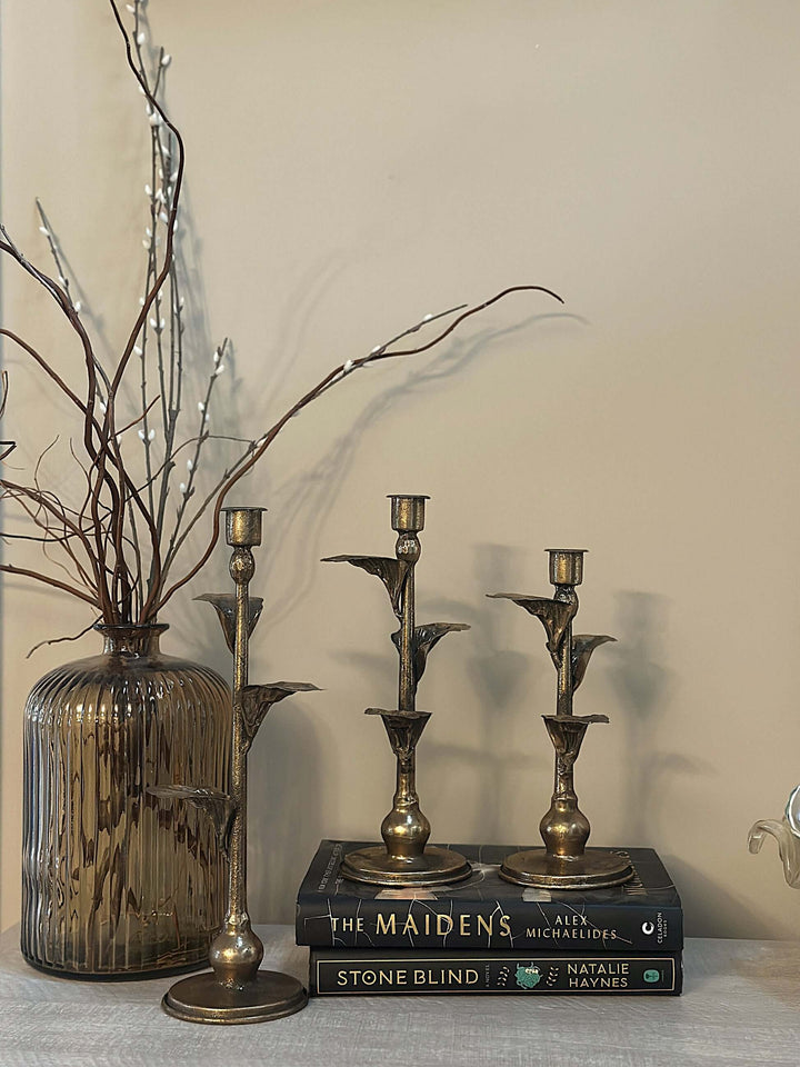 Antique Brass Leaf Candle Holders Set with vintage decor and books, evoking a warm, elegant touch to home interiors.