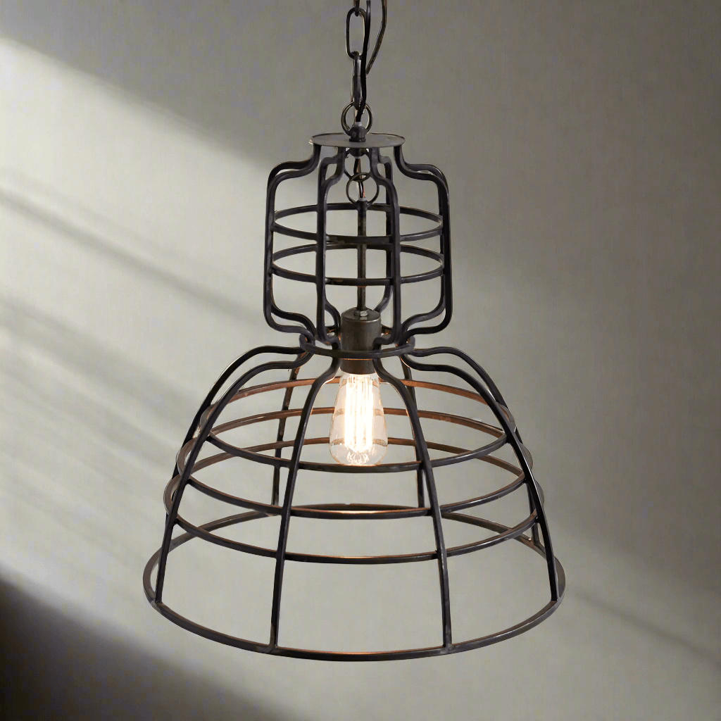 Industrial cage pendant light featuring a metal frame and exposed bulb, perfect for modern rustic decor.