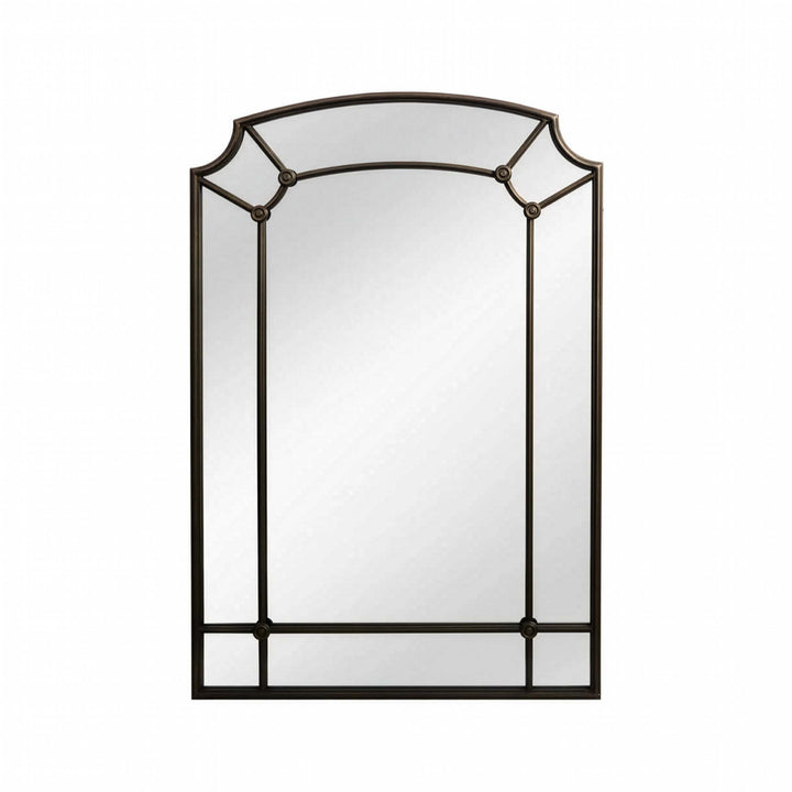 Decorative industrial wall mirror with a black frame on a white background