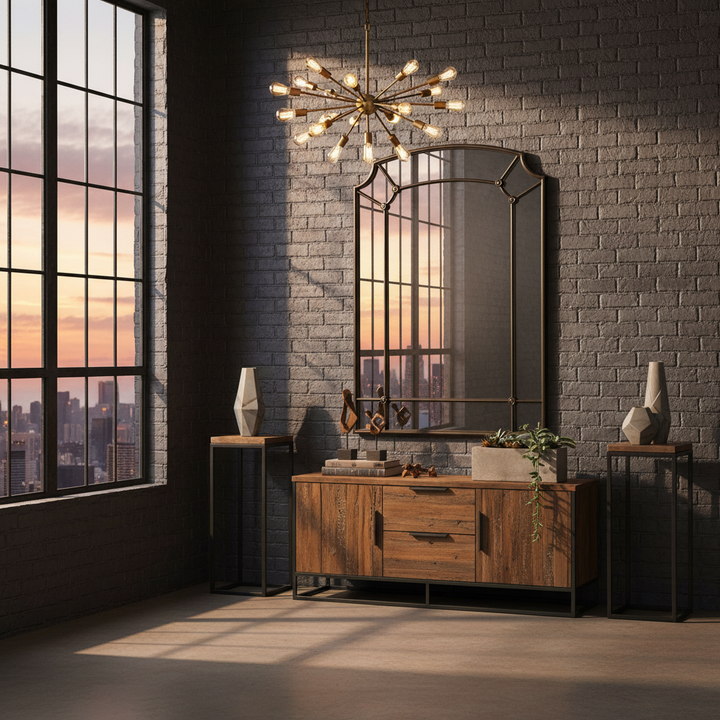 Industrial loft interior with wooden console, large mirror, and cityscape view.