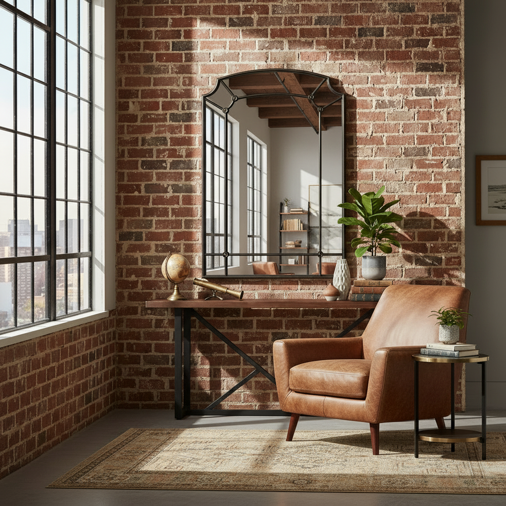 Sunny industrial loft with a brown leather armchair, brick wall, and large window. An industrial styled wall mirror hands on a brick wall.