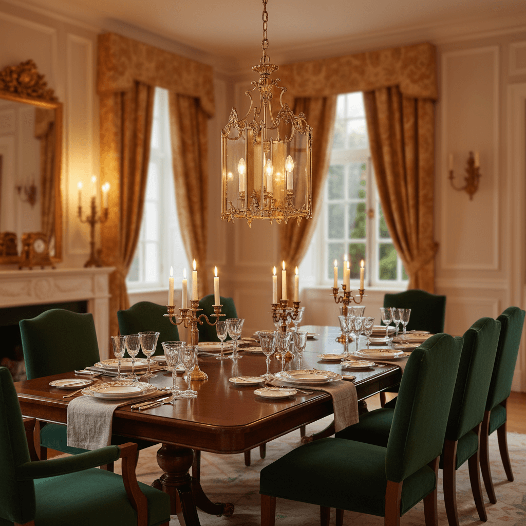 Elegant dining room with a large table set for dinner, green chairs, and a chandelier.