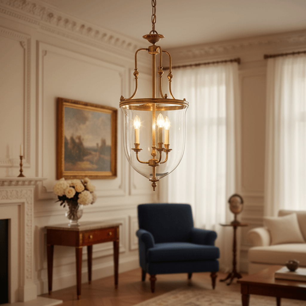 Luxurious living room with a chandelier, blue armchair, and white sofa.