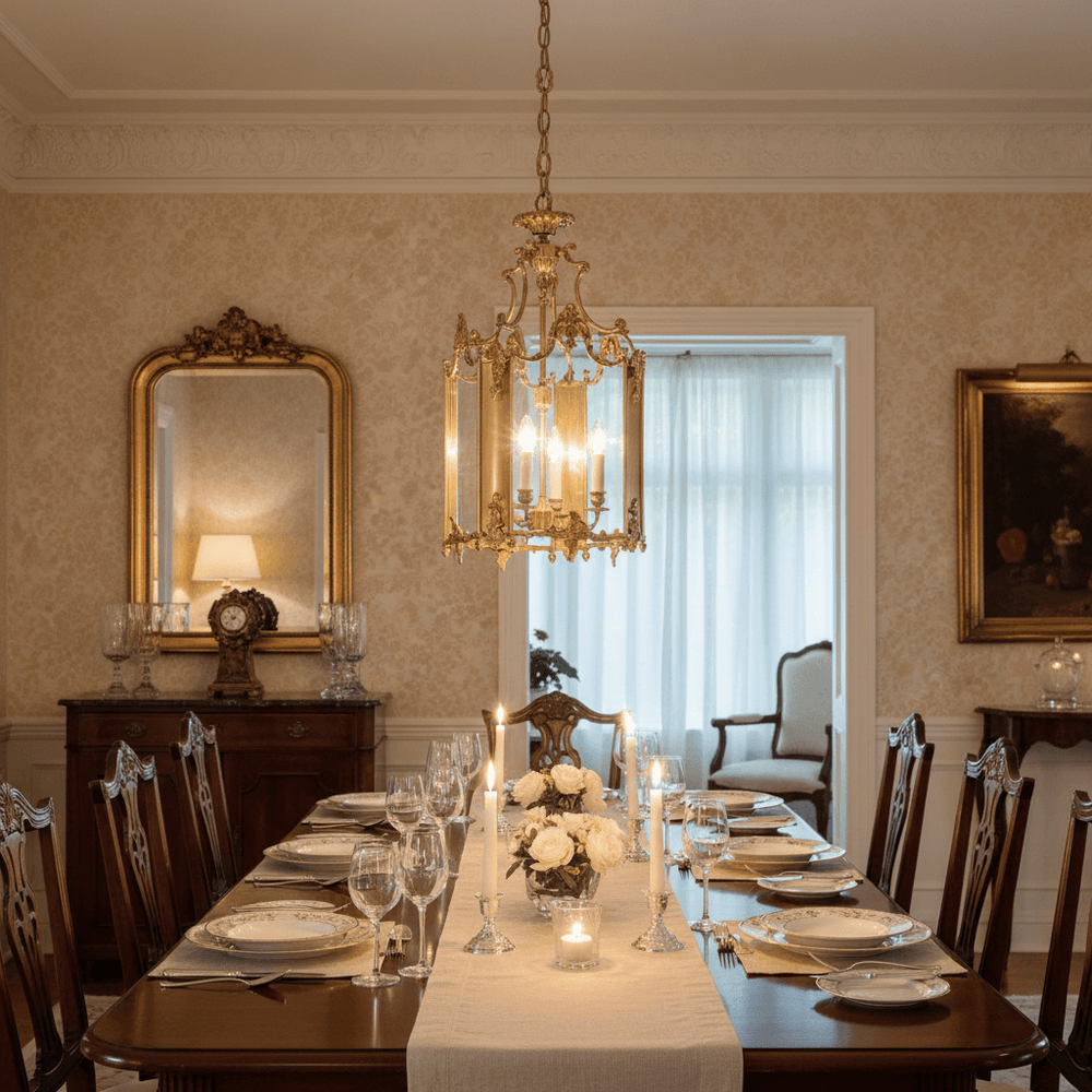 Dining room with a long table set for dinner, ornate chandelier, and decorative elements.