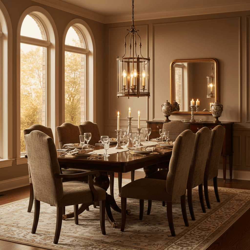 Dining room with a wooden table and chairs, large mirror, and arched windows.