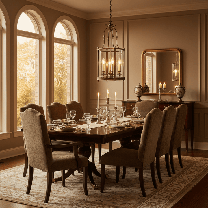 Dining room with a wooden table and chairs, large mirror, and arched windows.