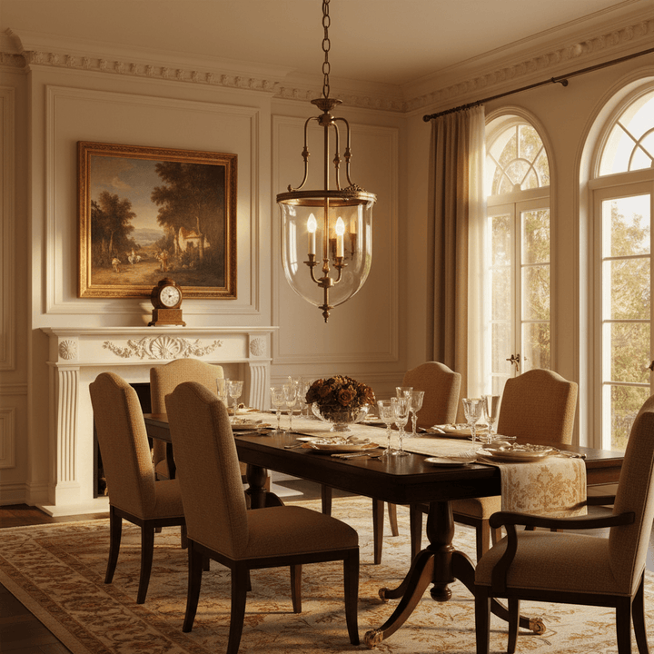 vintage chandelier hanging over a dining table