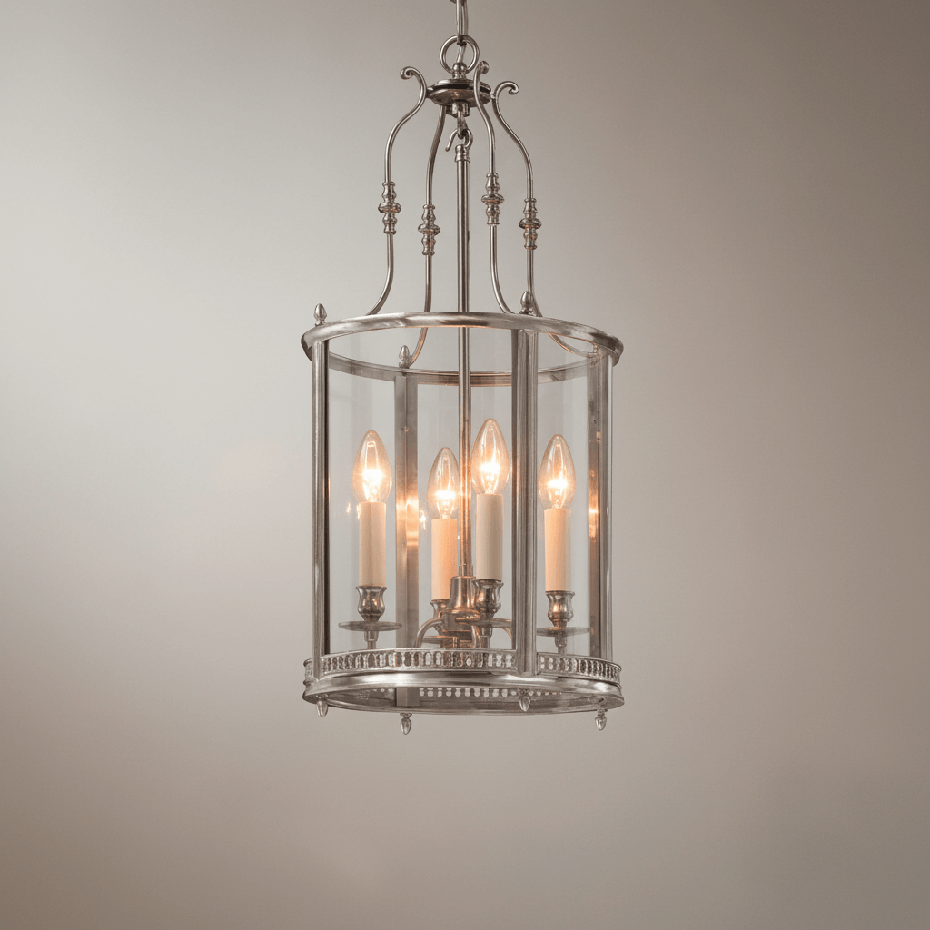 Decorative pendant light with glass panels on a neutral background