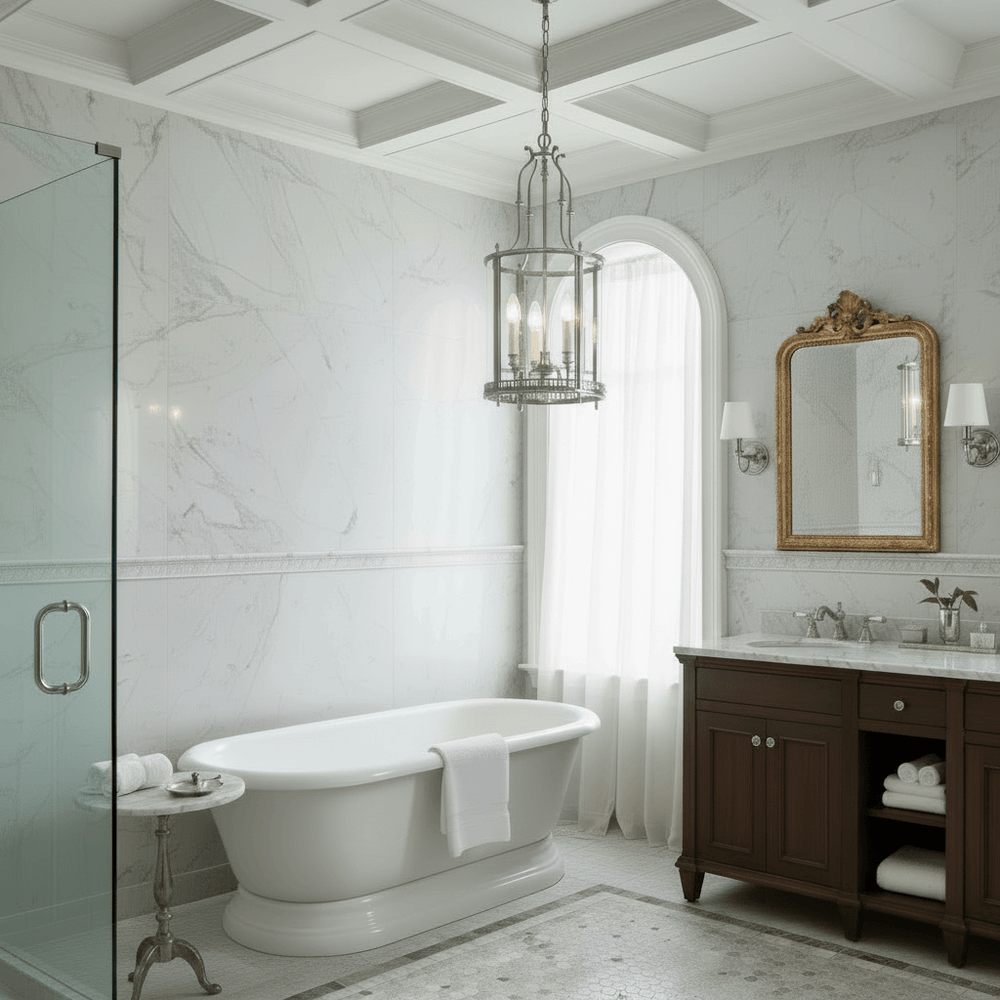 Luxurious bathroom with freestanding bathtub, silver chandelier, wooden vanity, and marble walls.