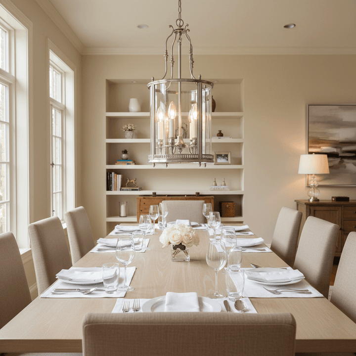 Elegant dining room with a long table set for dinner, chairs, and a chandelier.