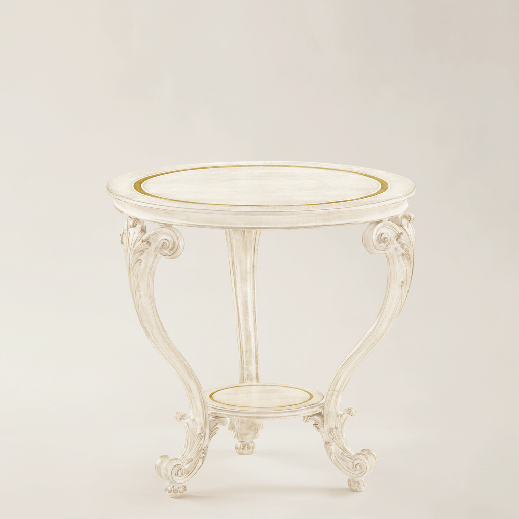 Small round table with decorative legs on a light beige background