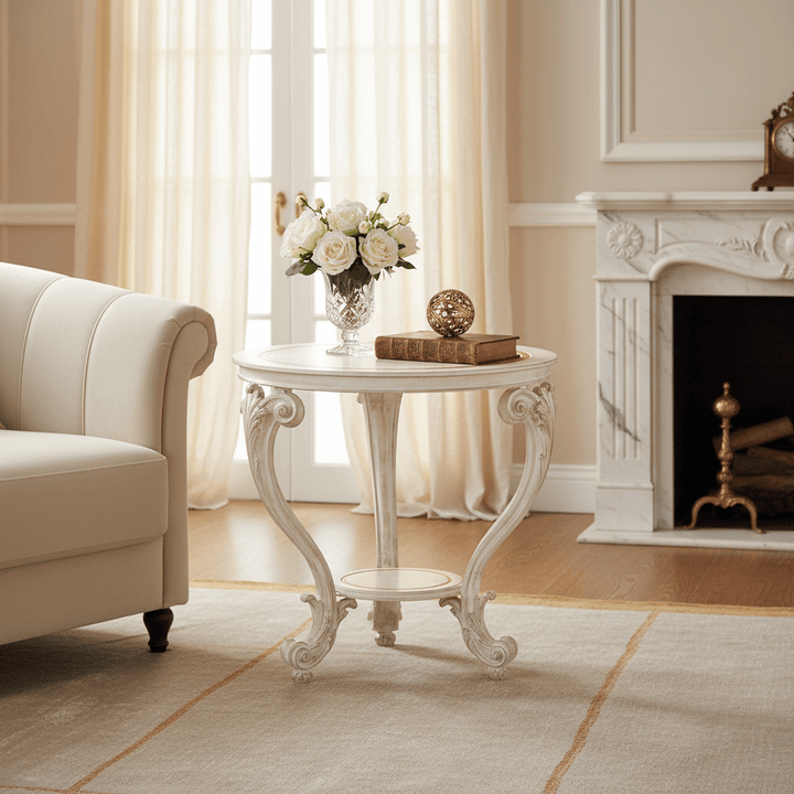Living room with a white armchair, decorative table, and fireplace.