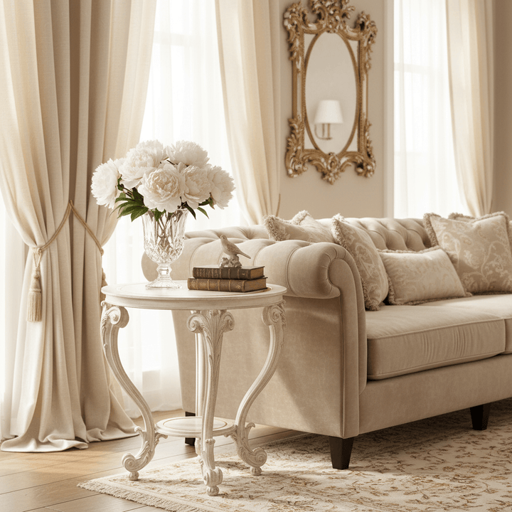 Living room with white side table, beige sofa, decorative mirror, and floral arrangement.