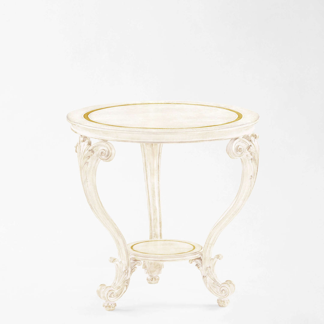 White table with antique white and gold leaf finish, handcrafted wood side table, made in Italy, 28.5 inches diameter and height.